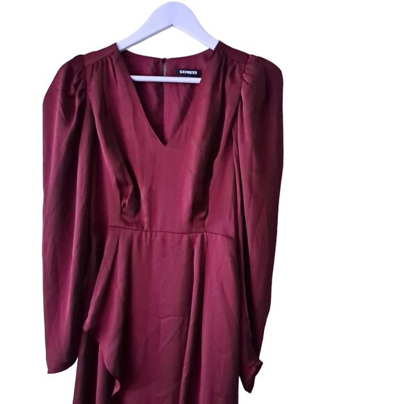 Express Dress Long Sleeve V Neck Wrap Ruffle Hi Lo Maxi Burgundy Red Size XS - Picture 5 of 11